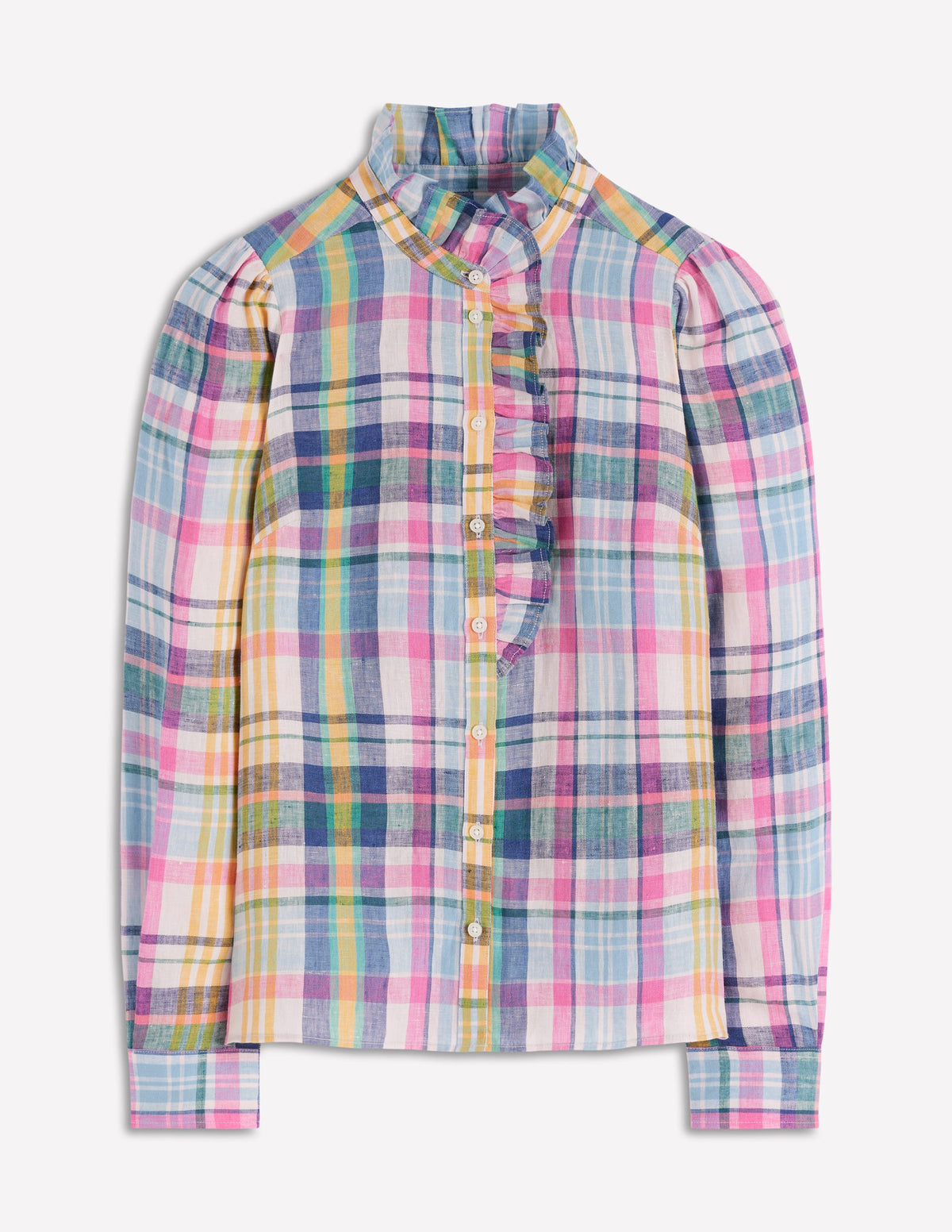 Isabel Ruffle Linen Shirt-Blue, Pink and Green Madras-5
