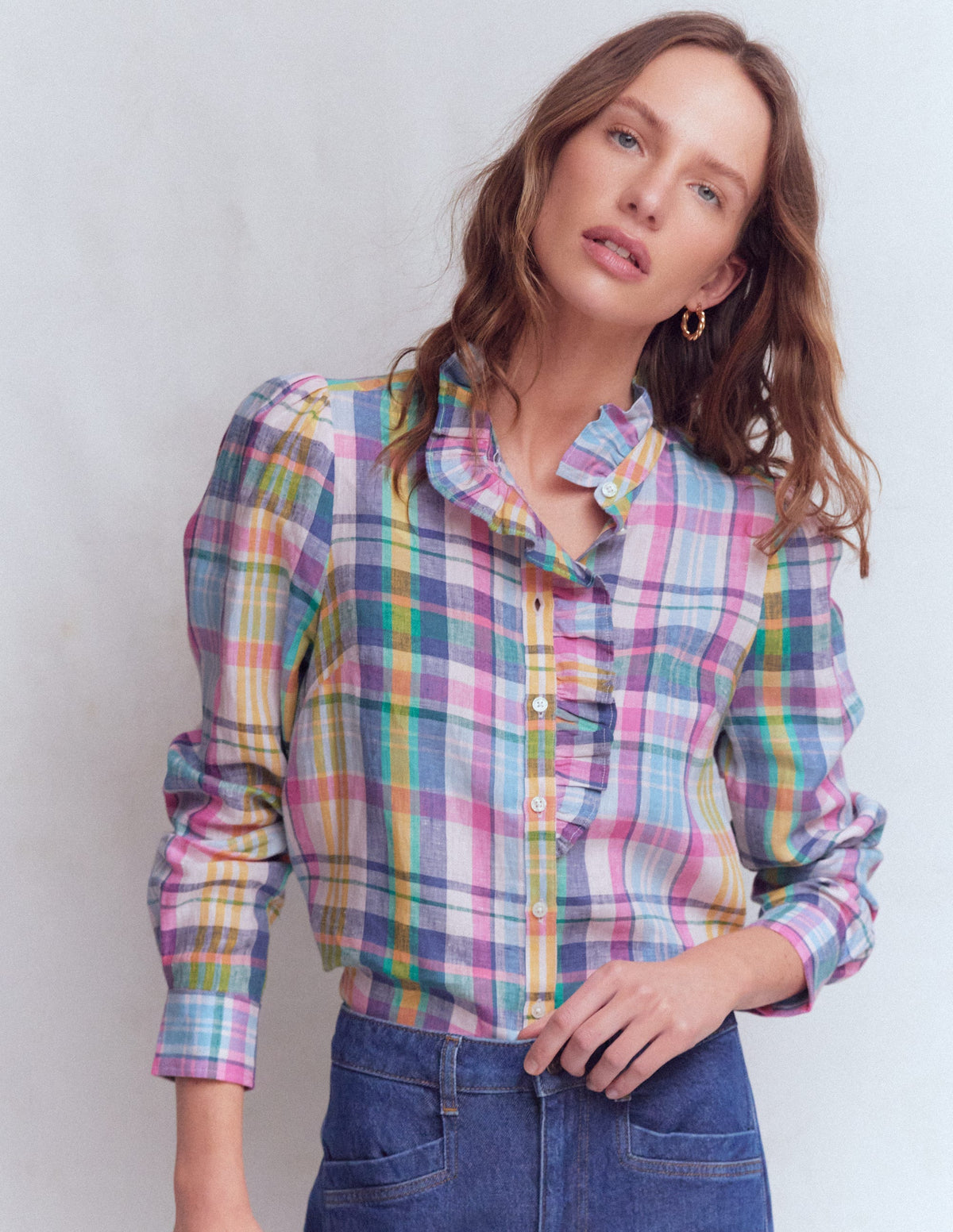 Isabel Ruffle Linen Shirt-Blue, Pink and Green Madras-1