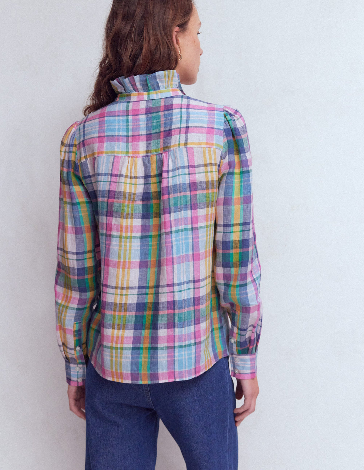 Isabel Ruffle Linen Shirt-Blue, Pink and Green Madras-3
