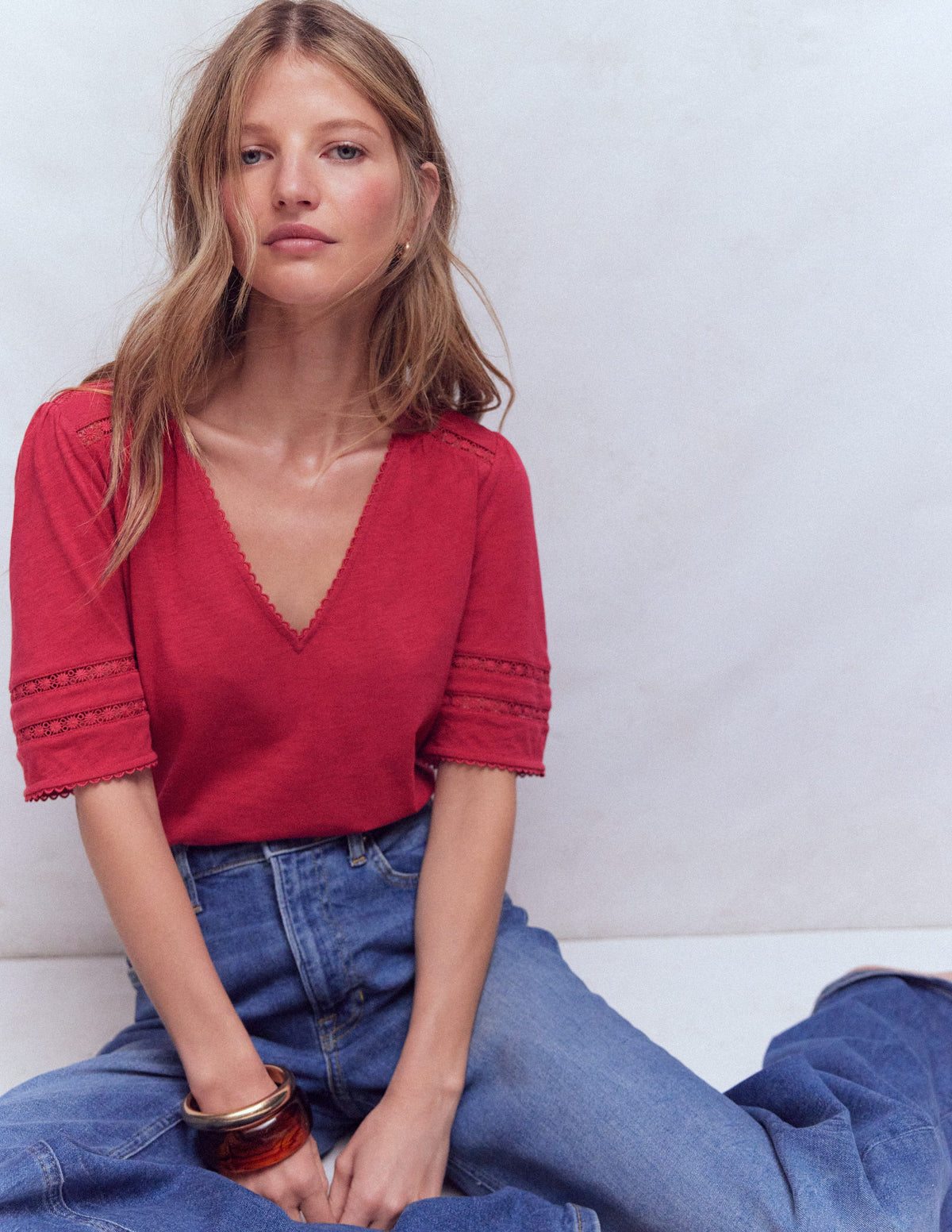 Poppy Trim V Neck T-Shirt-Terracotta Red - Image 1