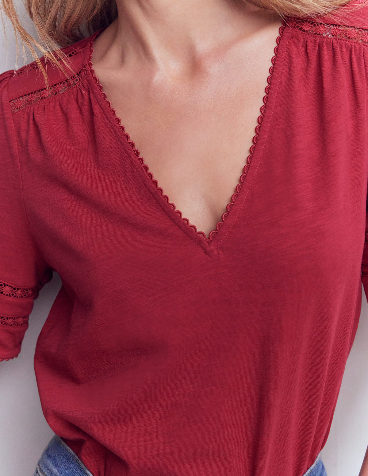 Poppy Trim V Neck T-Shirt-Terracotta Red - Image 2