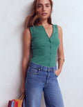 Evie Rippstrick-Top mit durchgehender Knopfleiste-Meeresblau