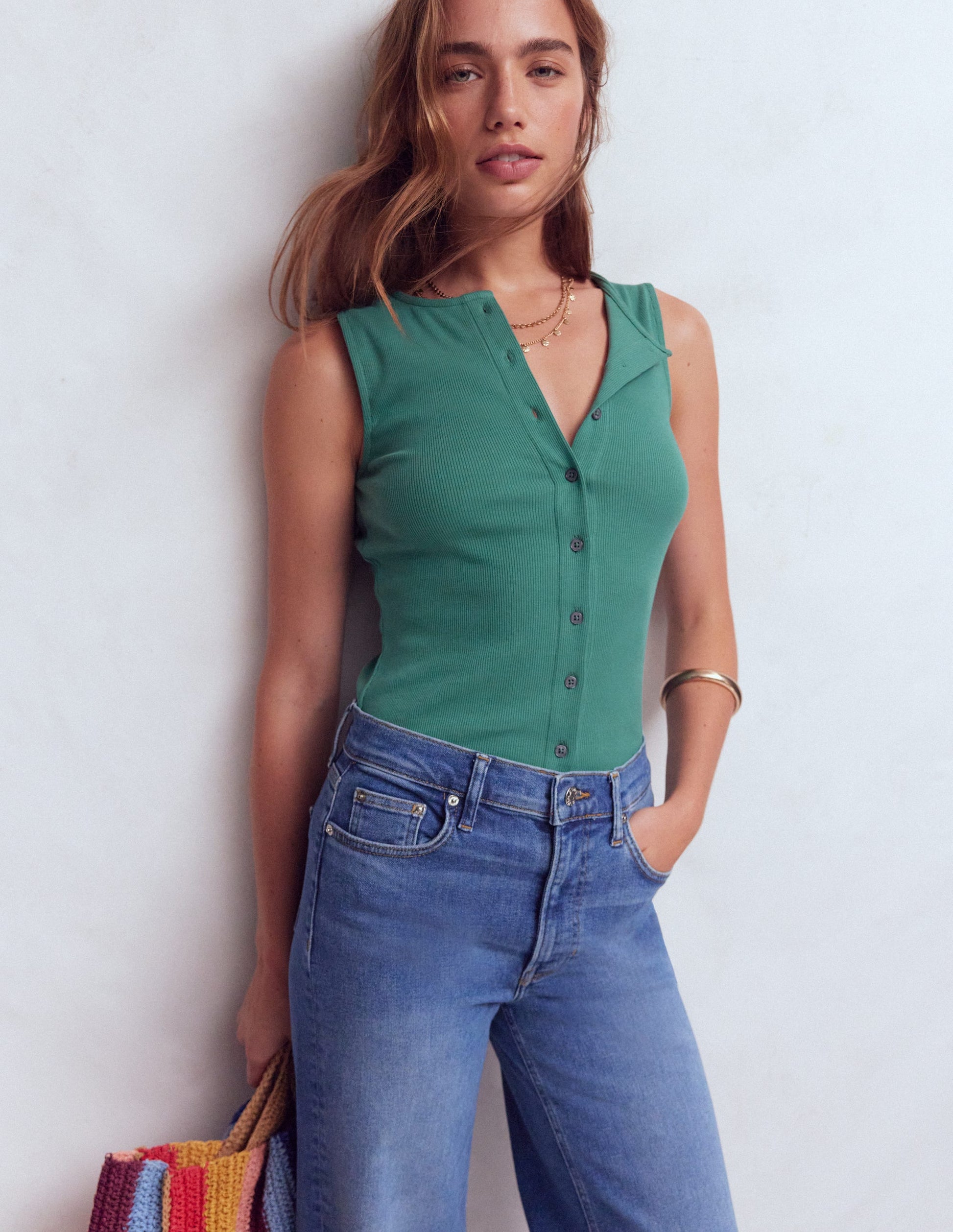 Evie Rippstrick-Top mit durchgehender Knopfleiste-Meeresblau-1