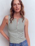 Evie Rippstrick-Top mit durchgehender Knopfleiste-Naturweiß/Navy, Gestreift