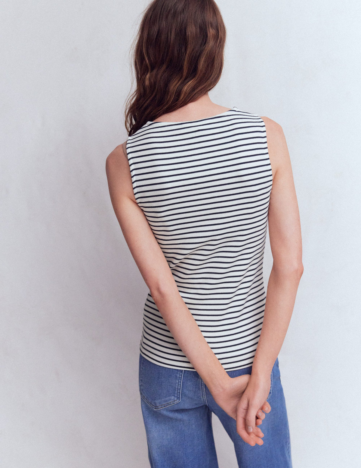 Evie Rippstrick-Top mit durchgehender Knopfleiste-Naturweiß/Navy, Gestreift - Image 3