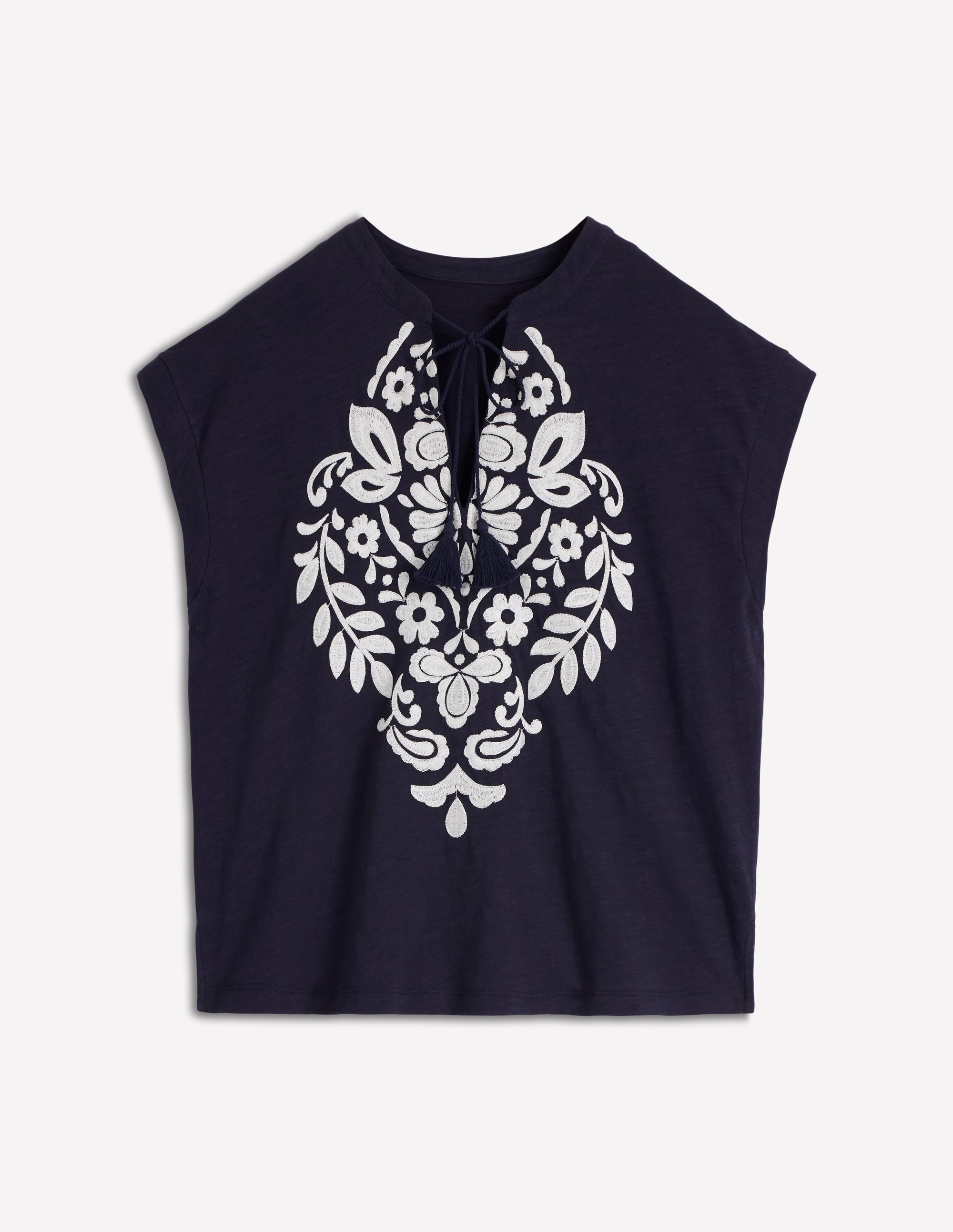 Nina T-Shirt mit gekerbtem Ausschnitt und Stickerei-Navy, Stickerei - Image 5