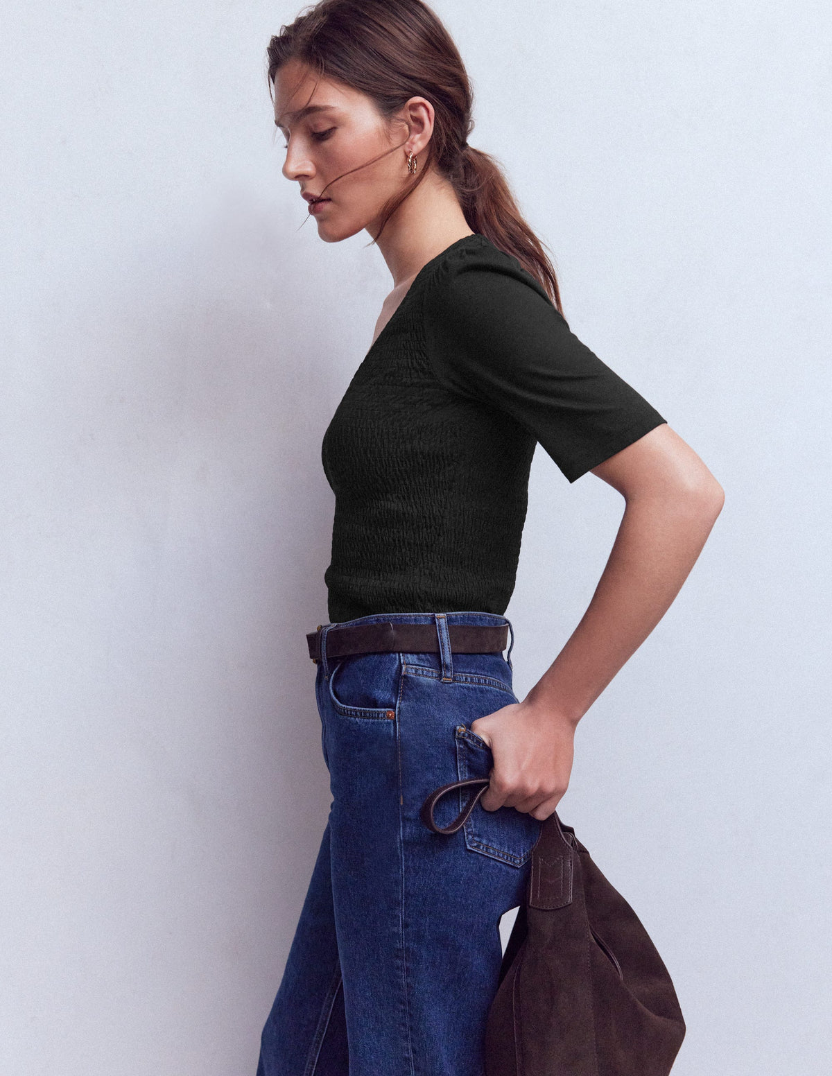 Top à col V et smocks-Noir-4