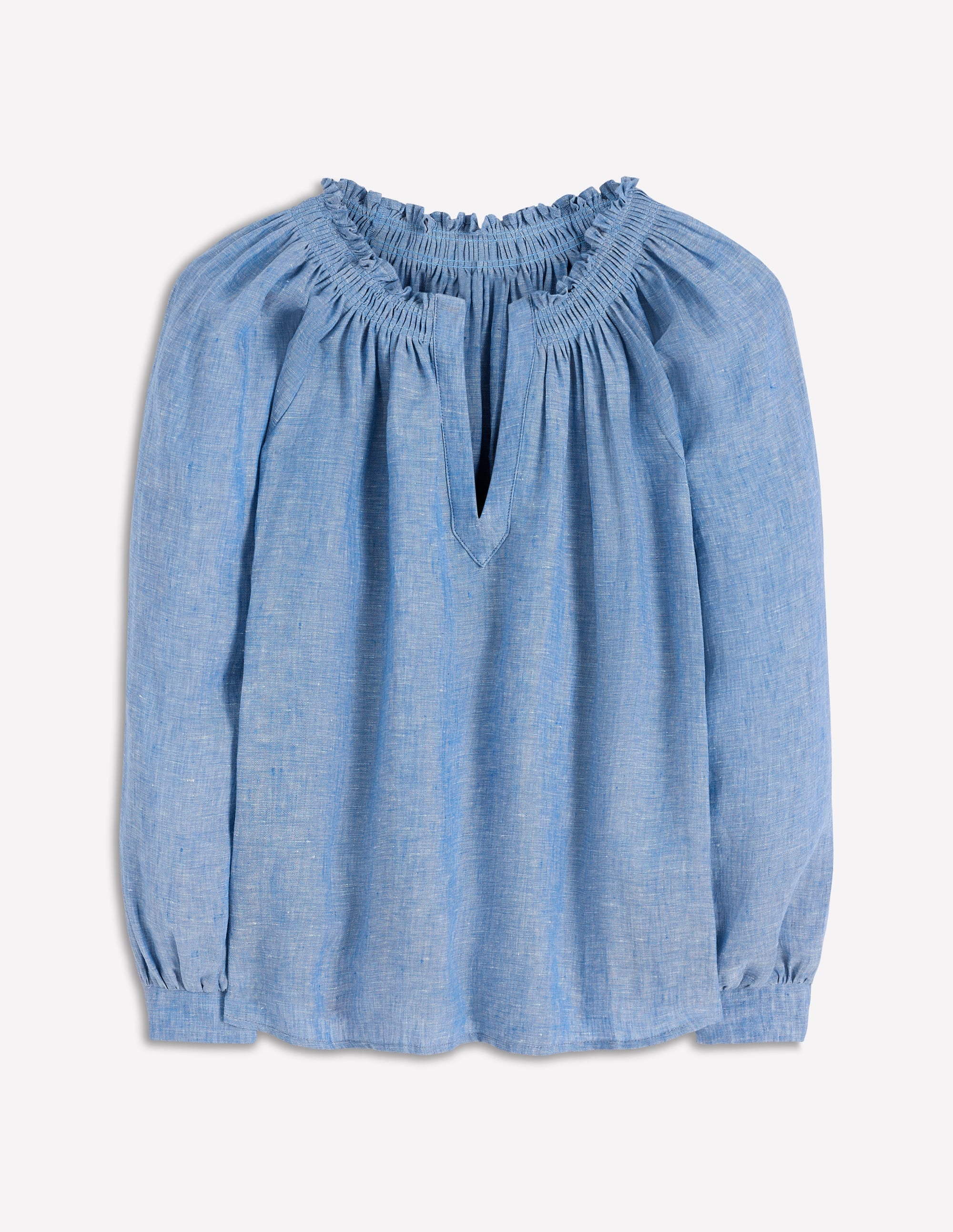 Top Serena en lin à col plissé-Bleu chambray - Image 4