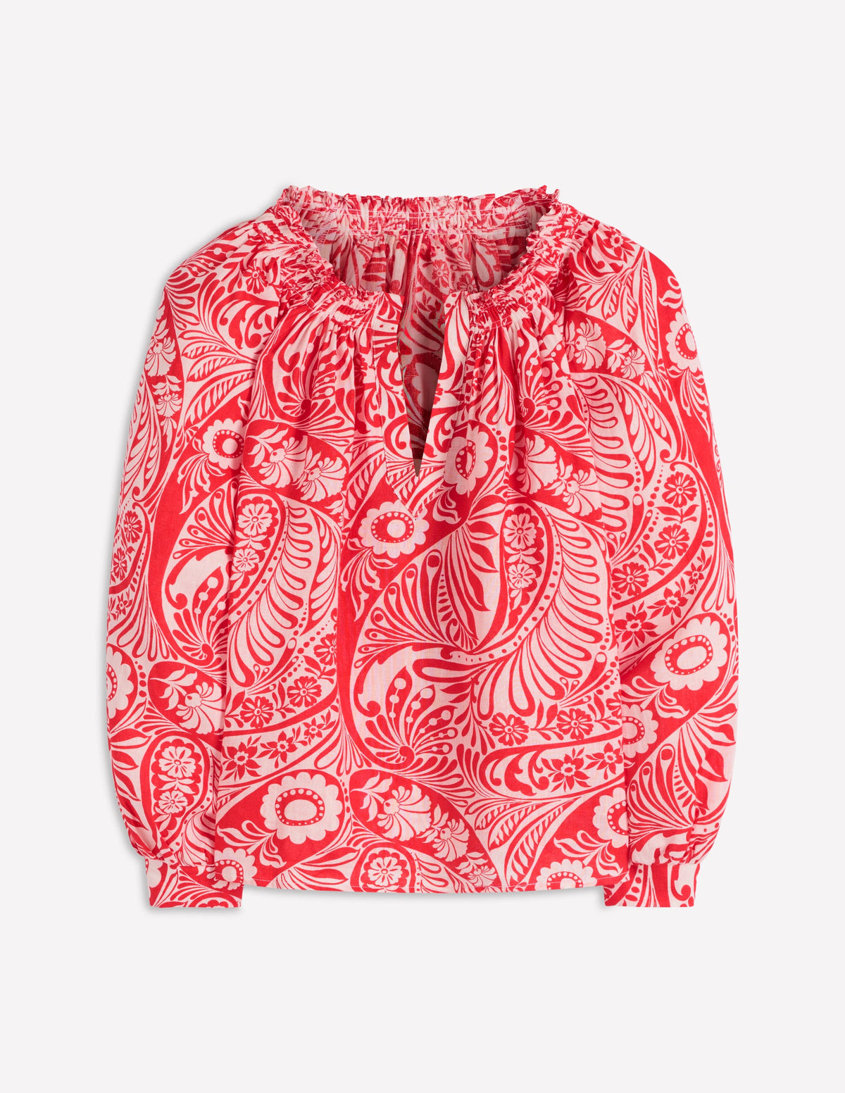 Serena Pleat Neck Linen Top-Red, Enchanted Paisley-6