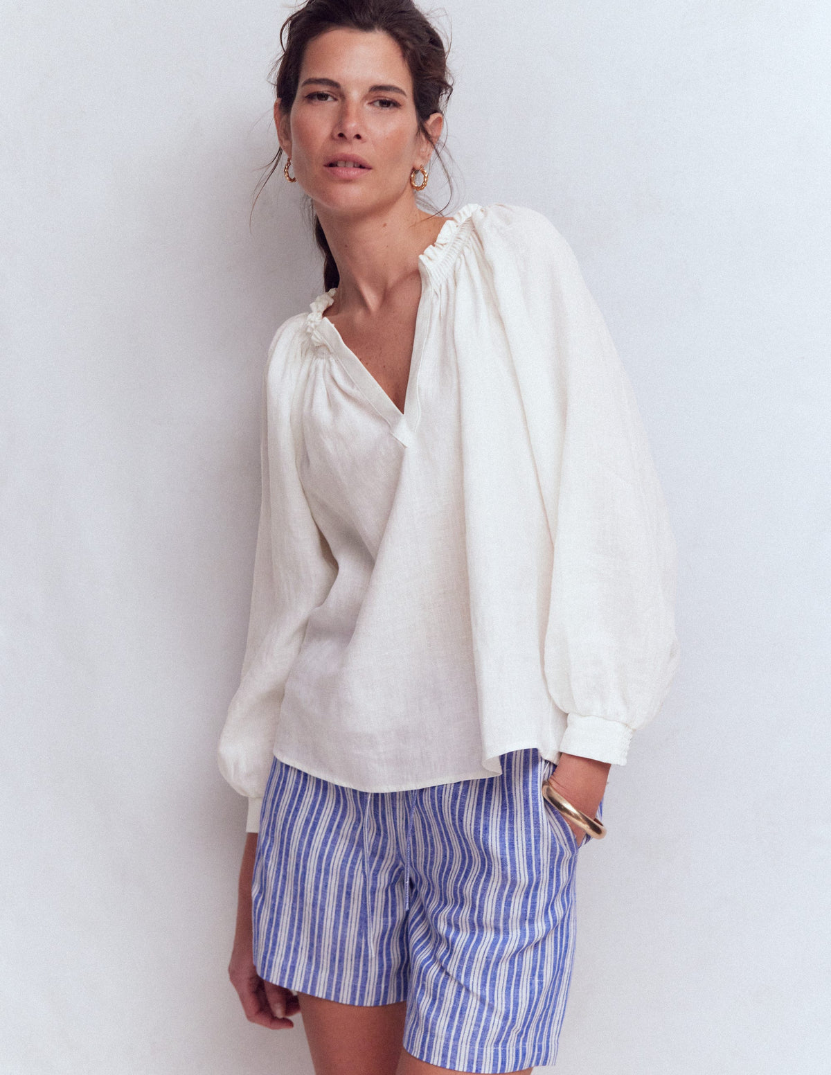 Serena Pleat Neck Linen Top-White-1