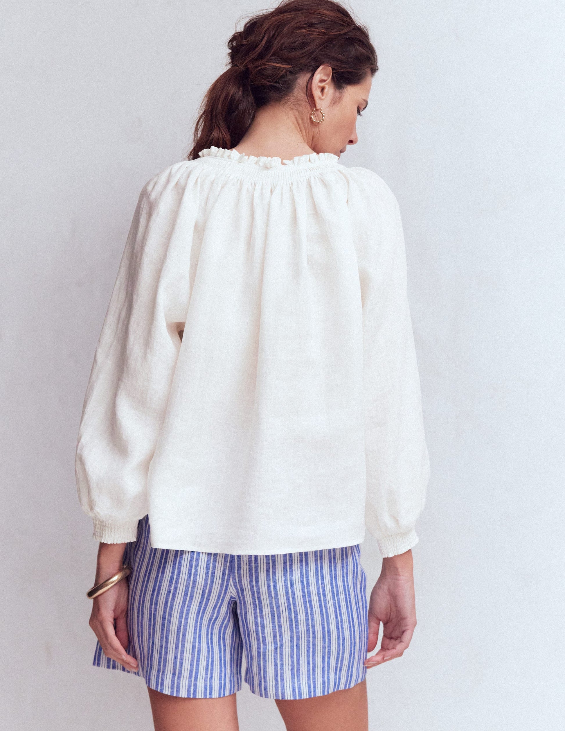 Serena Pleat Neck Linen Top-White-3