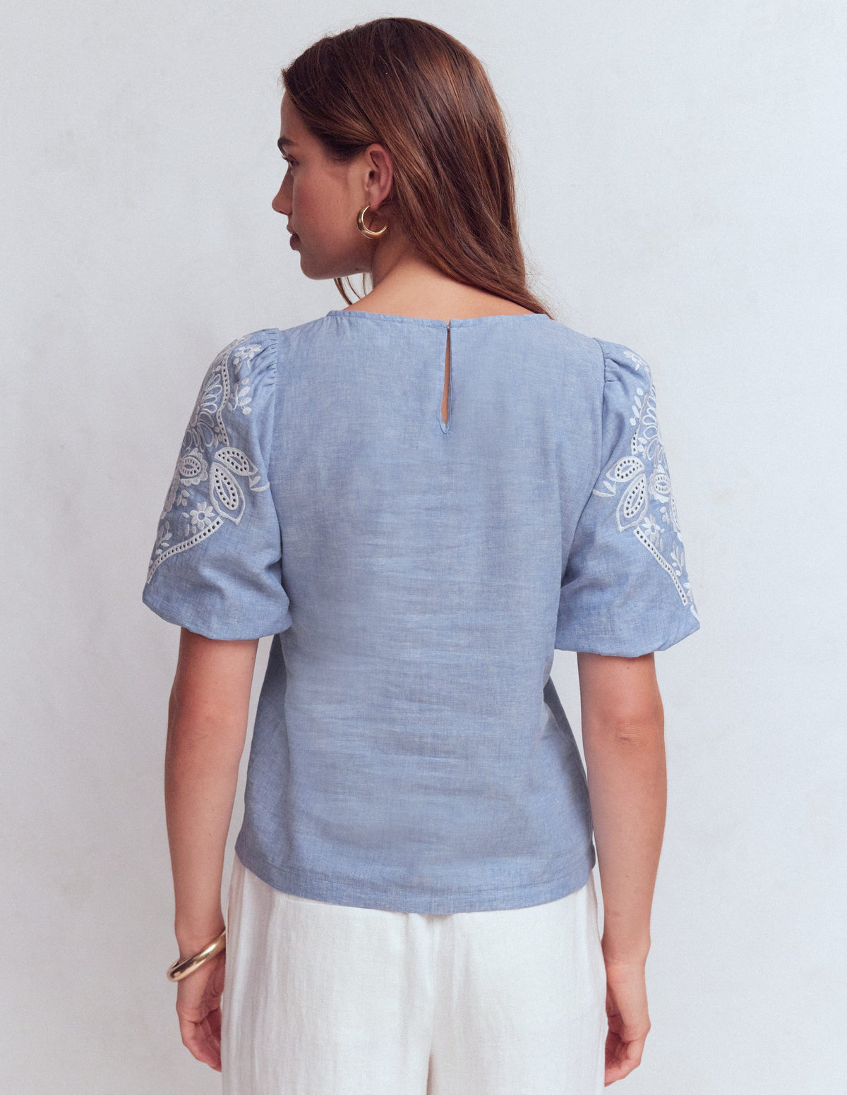 Linen Puff Sleeve Top-Chambray - Image 3
