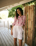 Top Camille double-étoffe-Broderie rose printanier