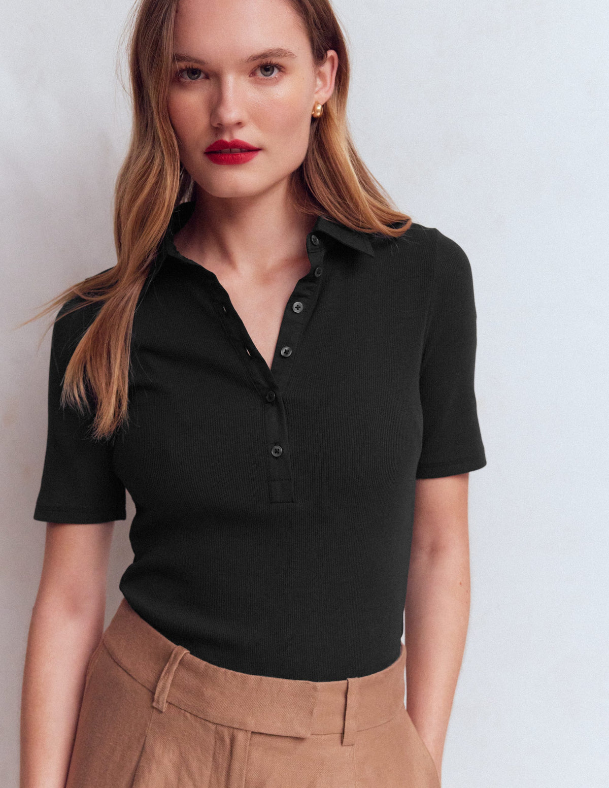 Collared Ribbed Henley Top-Black - Image 1