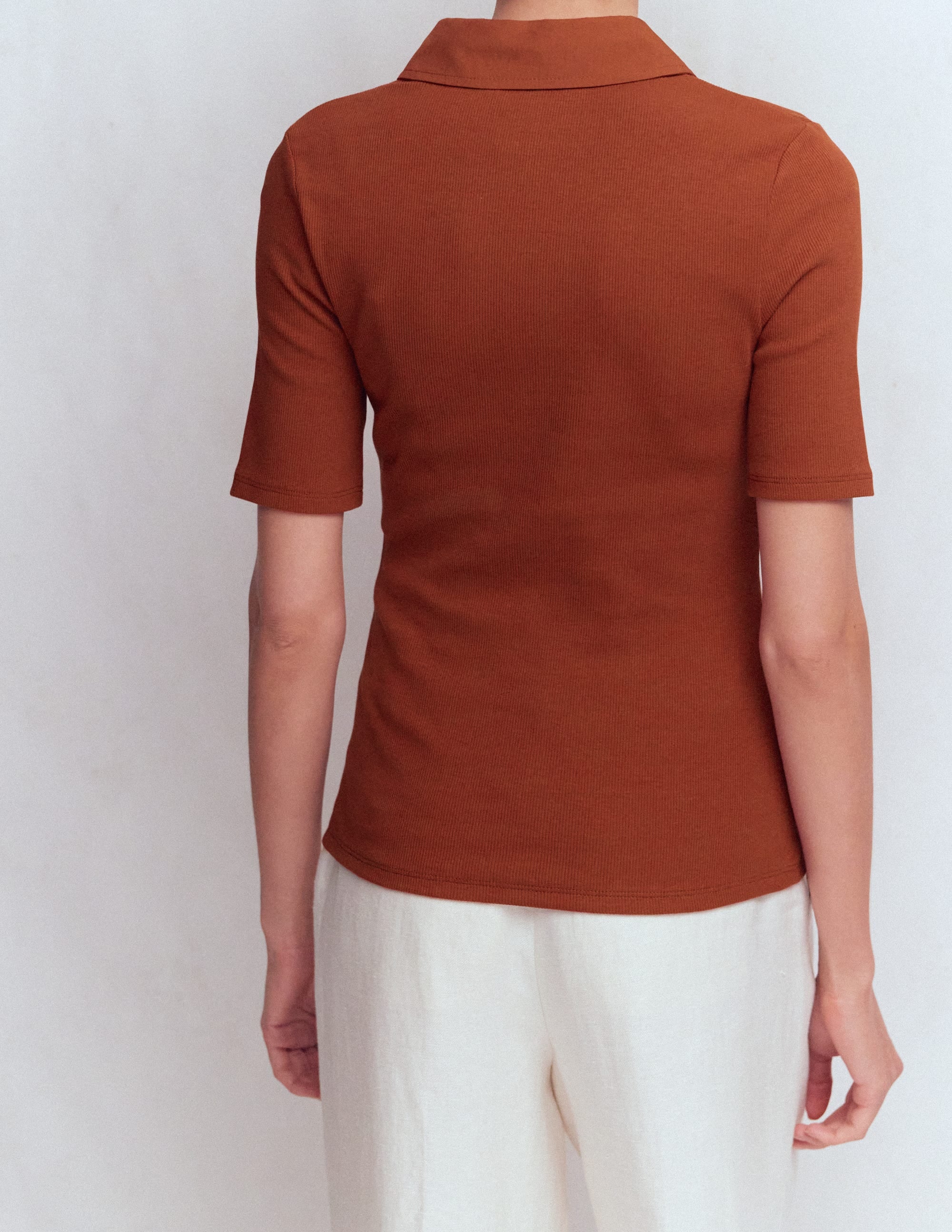 Collared Ribbed Henley Top-Burnt Orange - Image 3