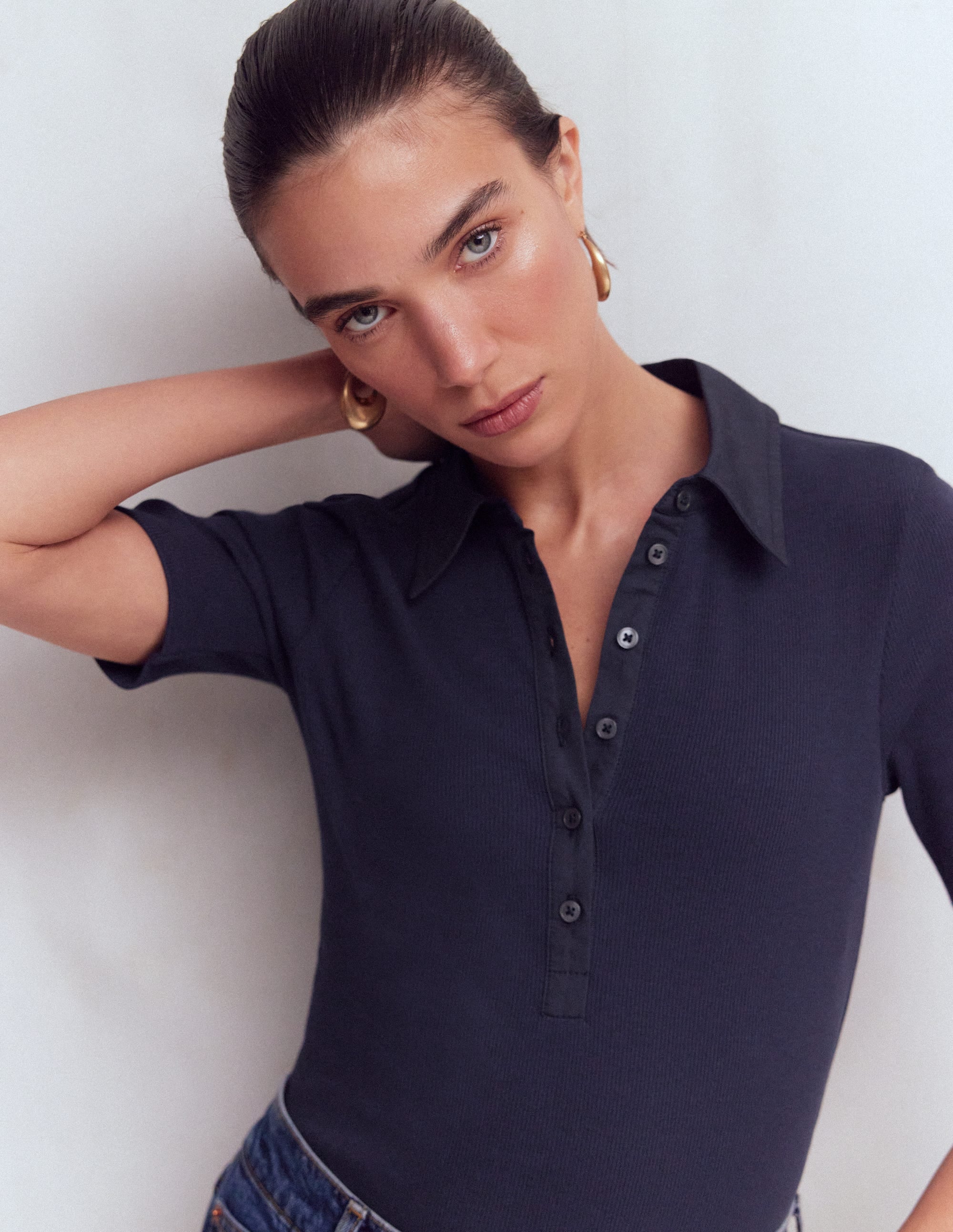 Geripptes Henley-Shirt mit Kragen-Marineblau - Image 1