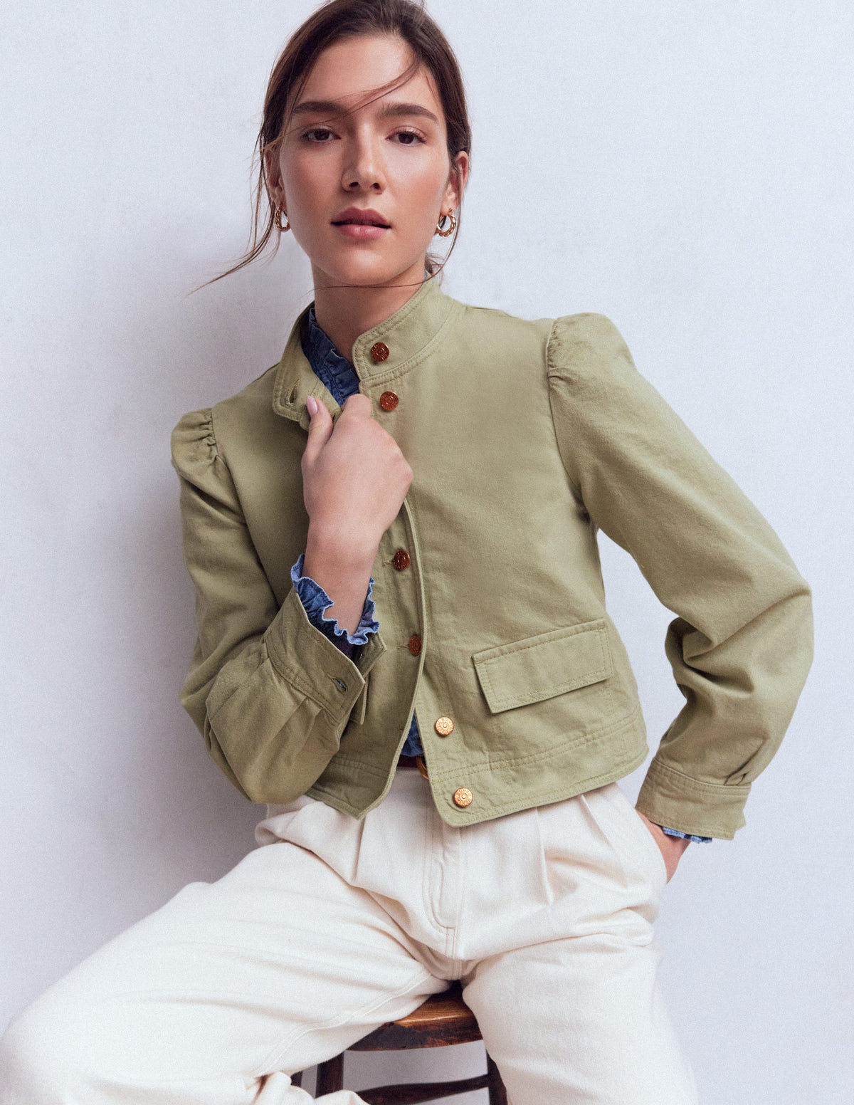 Jeansjacke mit Steppnaht-Sanftes Grün-1