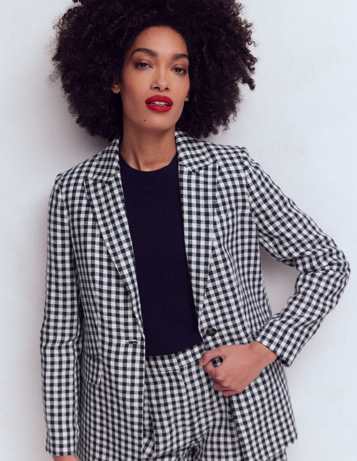 Blazer Woodbridge en lin-Vichy bleu marine, ivoire