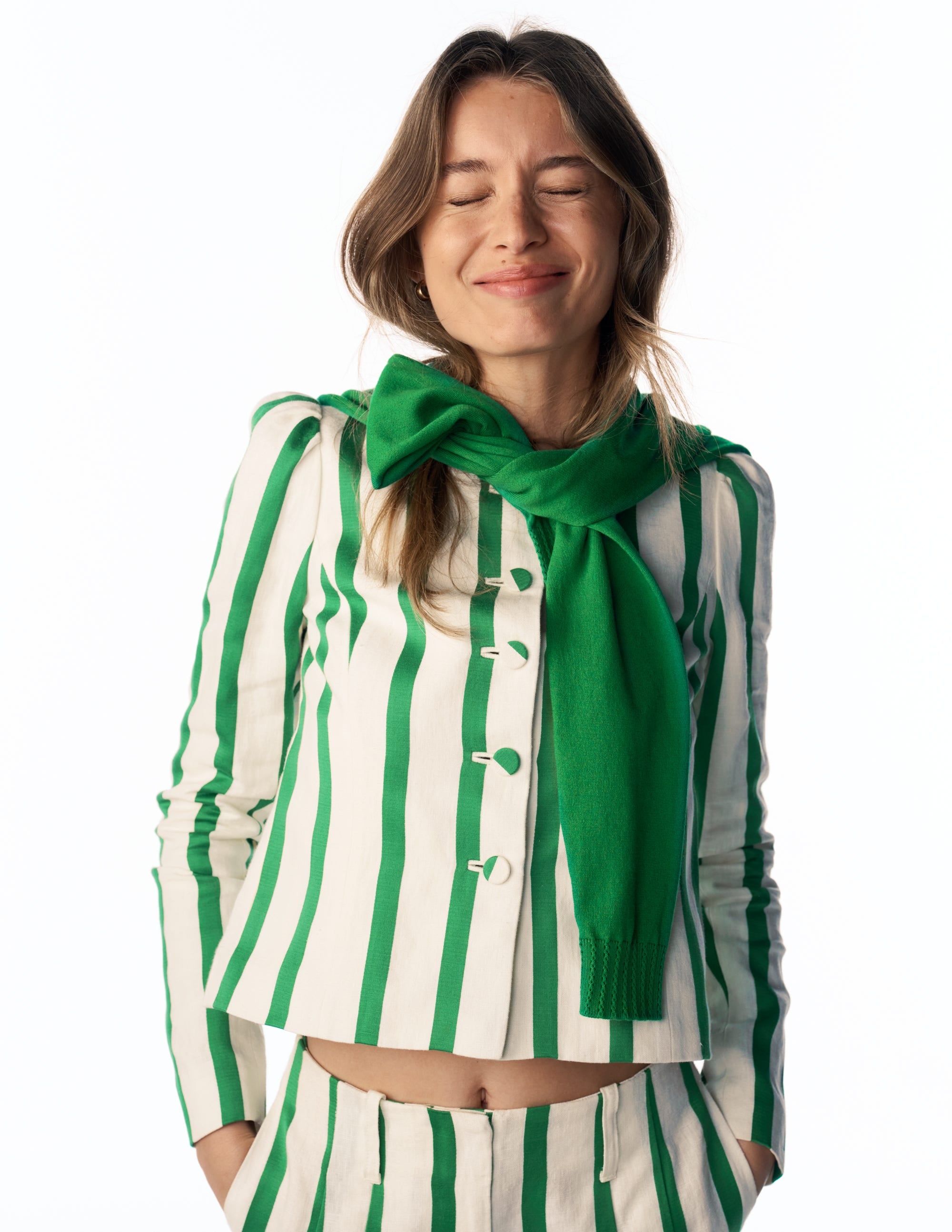 Salisbury jacke mit puffärmeln-Naturweiß, Frische Grüne Streifen - Image 2