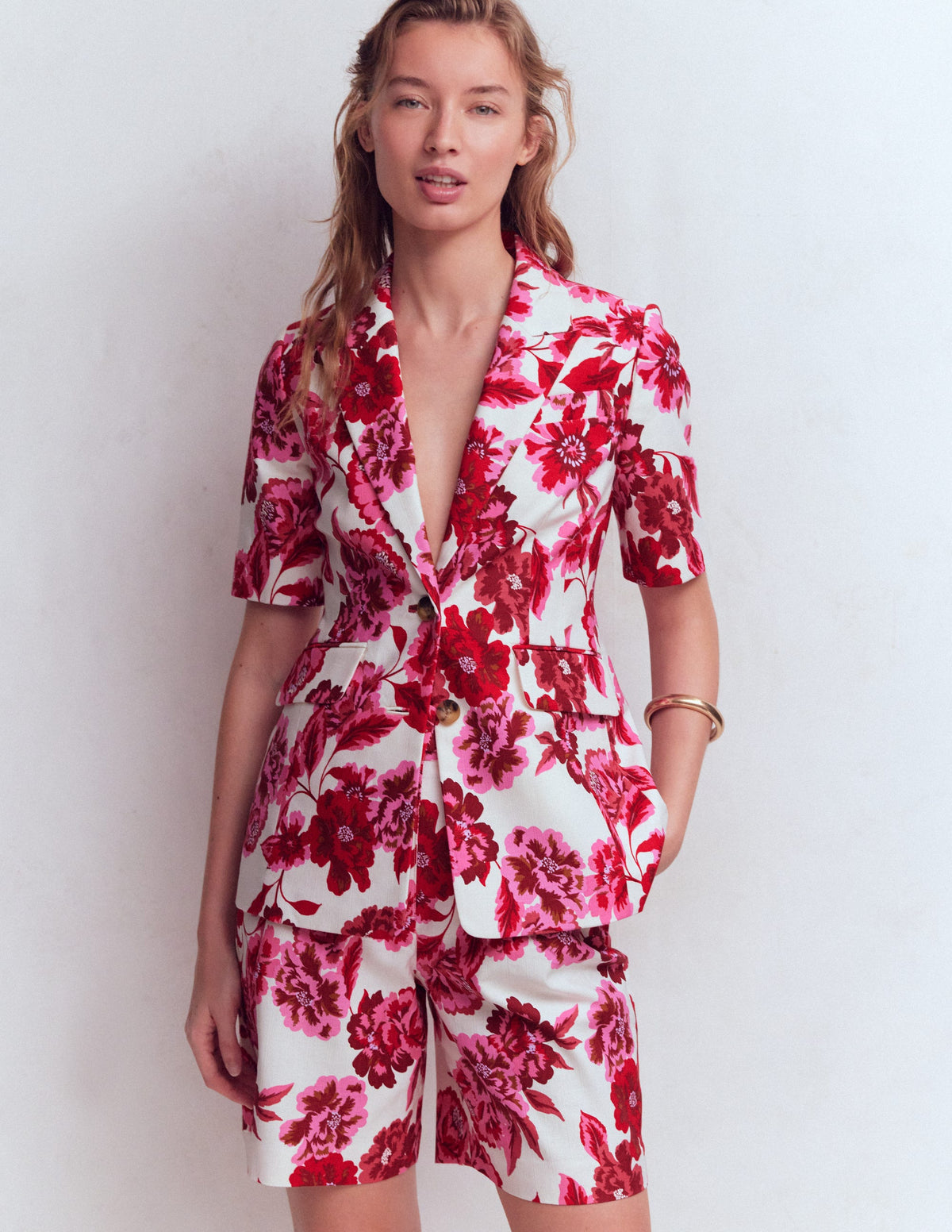 Kurzärmliger Baumwollblazer-Sangria Sunset Pink, Blumenmuster-1