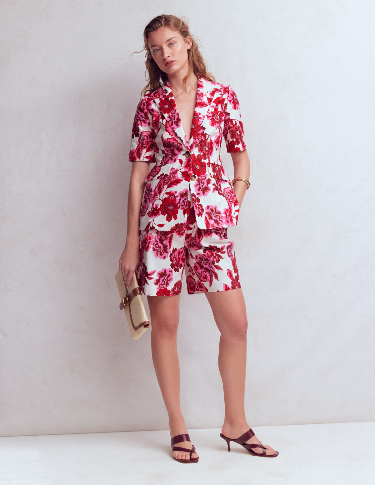 Kurzärmliger Baumwollblazer-Sangria Sunset Pink, Blumenmuster-5