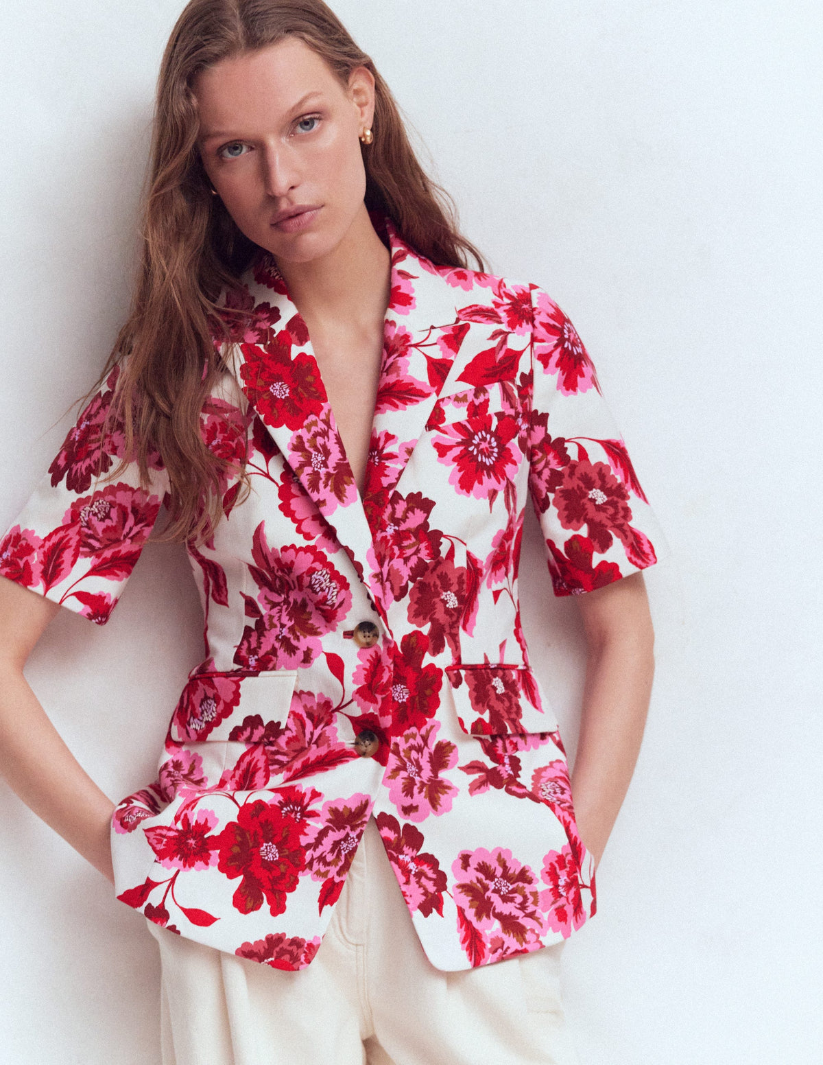 Kurzärmliger Baumwollblazer-Sangria Sunset Pink, Blumenmuster-6