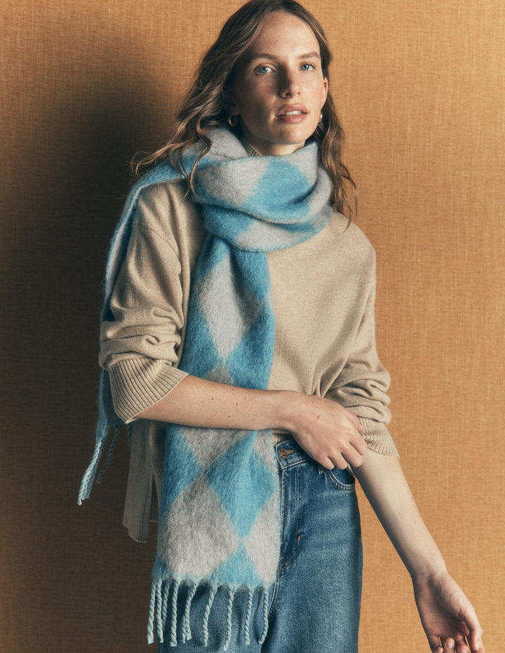 Écharpe tissée en mohair-Motif argyle bleu œuf de cane