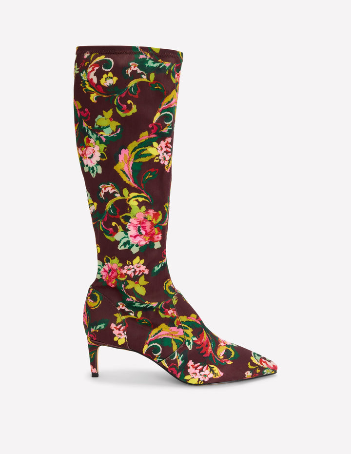 Stretch-Stiefel mit Kitten-Absatz-Blumenmuster