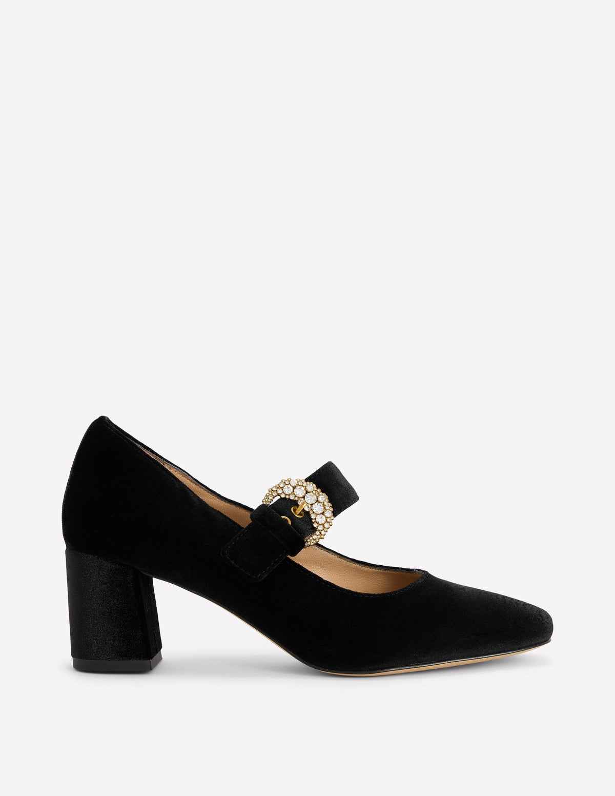Pumps mit Schnallenriemen und Blockabsatz-Schwarz Samt-1