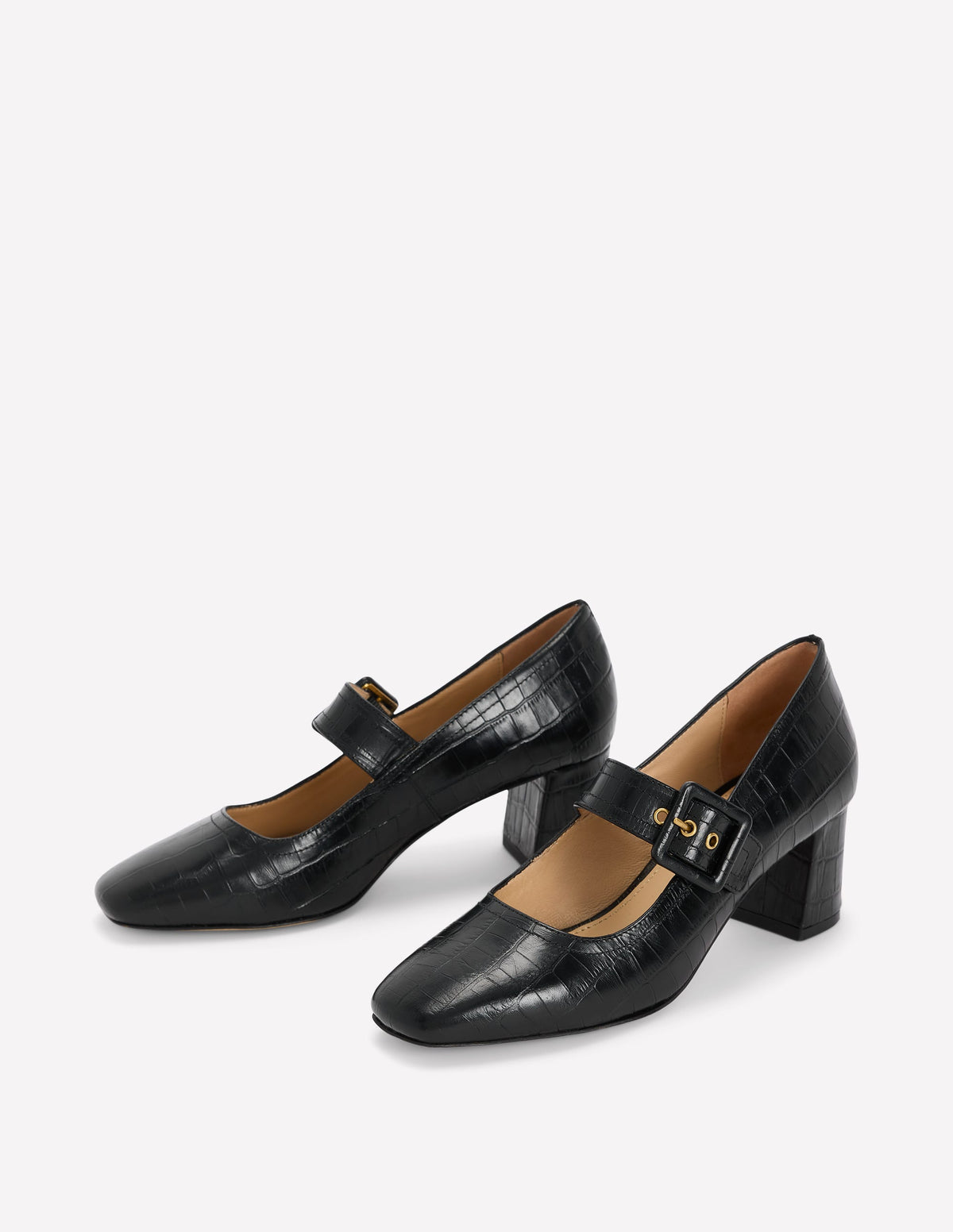 Pumps mit Schnallenriemen und Blockabsatz-Schwarz Krokodilleder-Optik Geprägt - Image 3