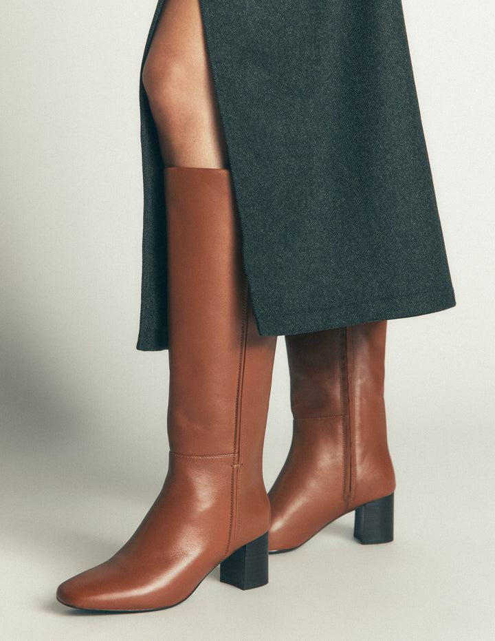 Kniehohe Stiefel mit Ziernaht-Hellbraun Leder