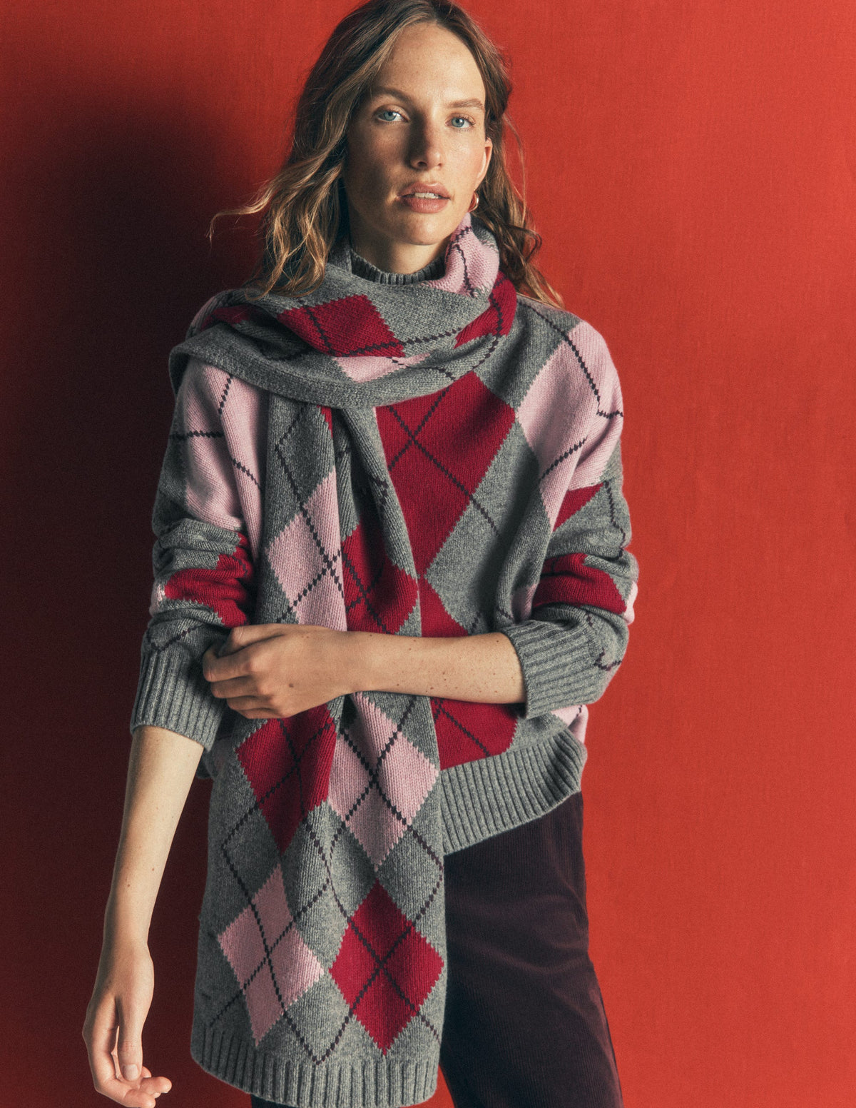 Strickschal-Anthrazit, Rot und Rosa Argyle-2
