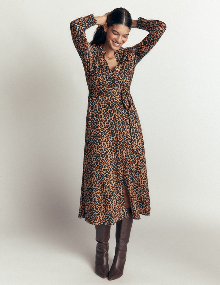 Marcia Jersey-Hemdblusenkleid-Camel, Leopardenmuster