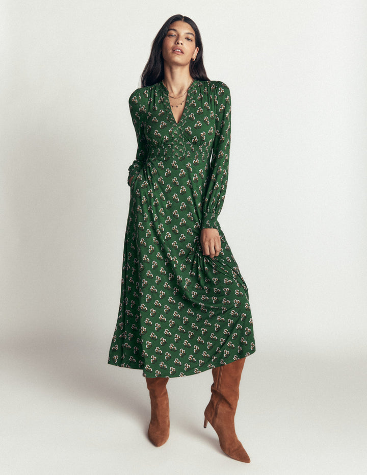 Georgia Jersey-Midikleid-Dunkelgrün, Kleines Nelkenmuster