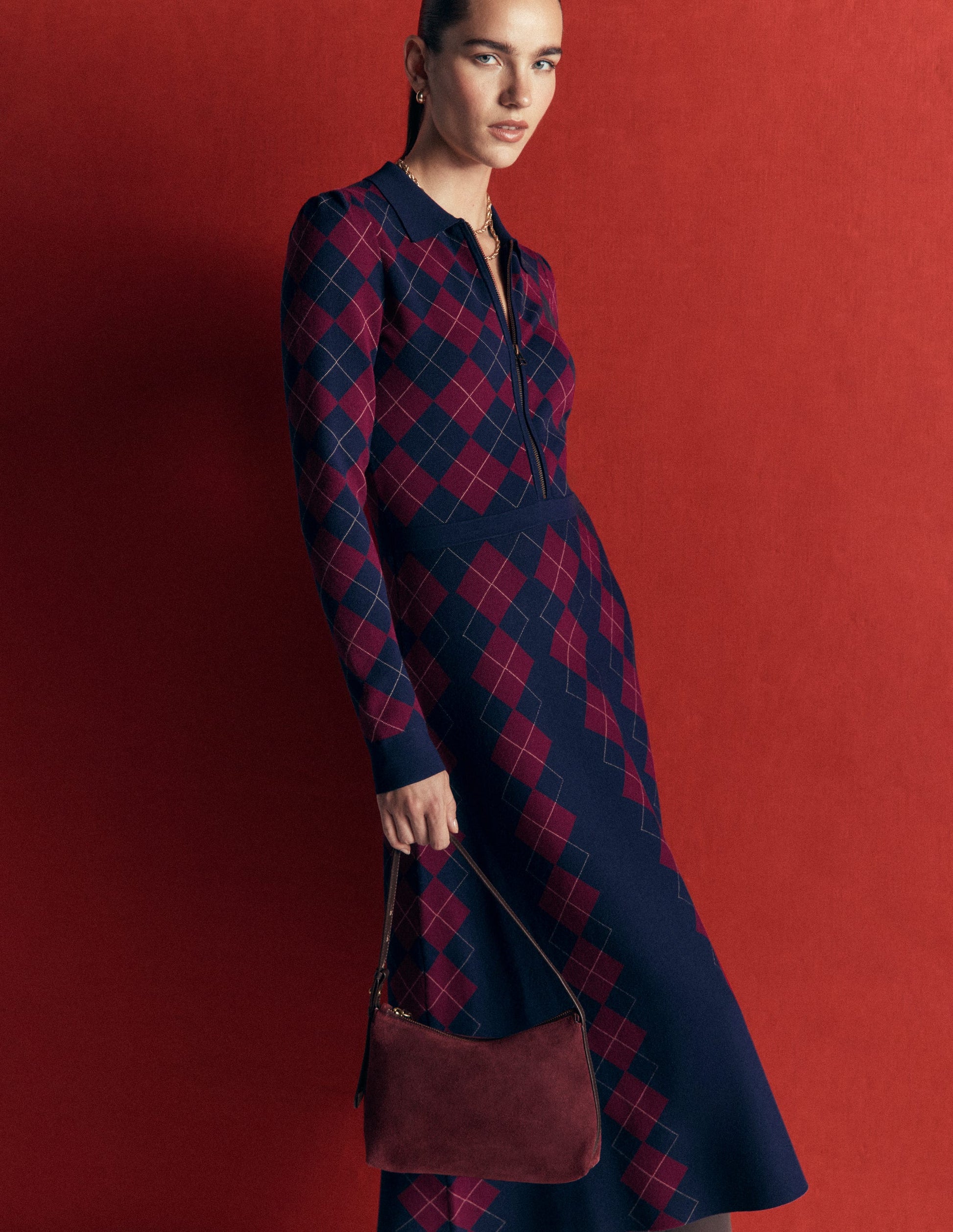 Fiona Strickkleid mit Reißverschluss vorn-Marineblau und Kastanienbraun Argyle-2