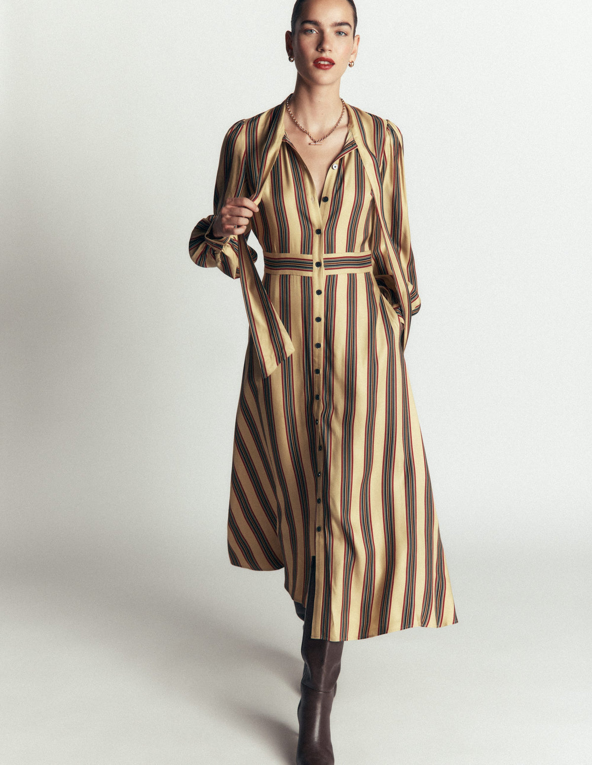 Hemdblusenkleid mit Schleifendetail-Bunt, Schuluniform Streifen-6