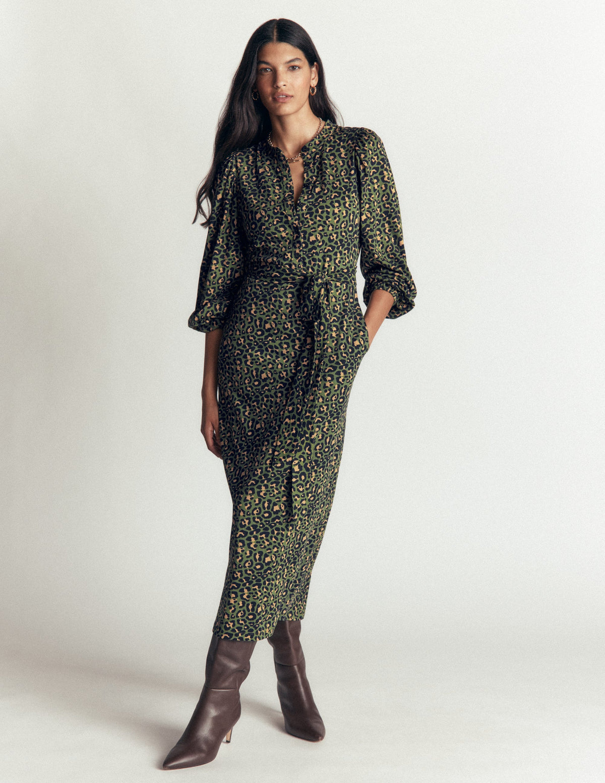 Eli Jersey-Midikleid mit Gürtel-Braunschweigisches Grün, Leopard - Image 1
