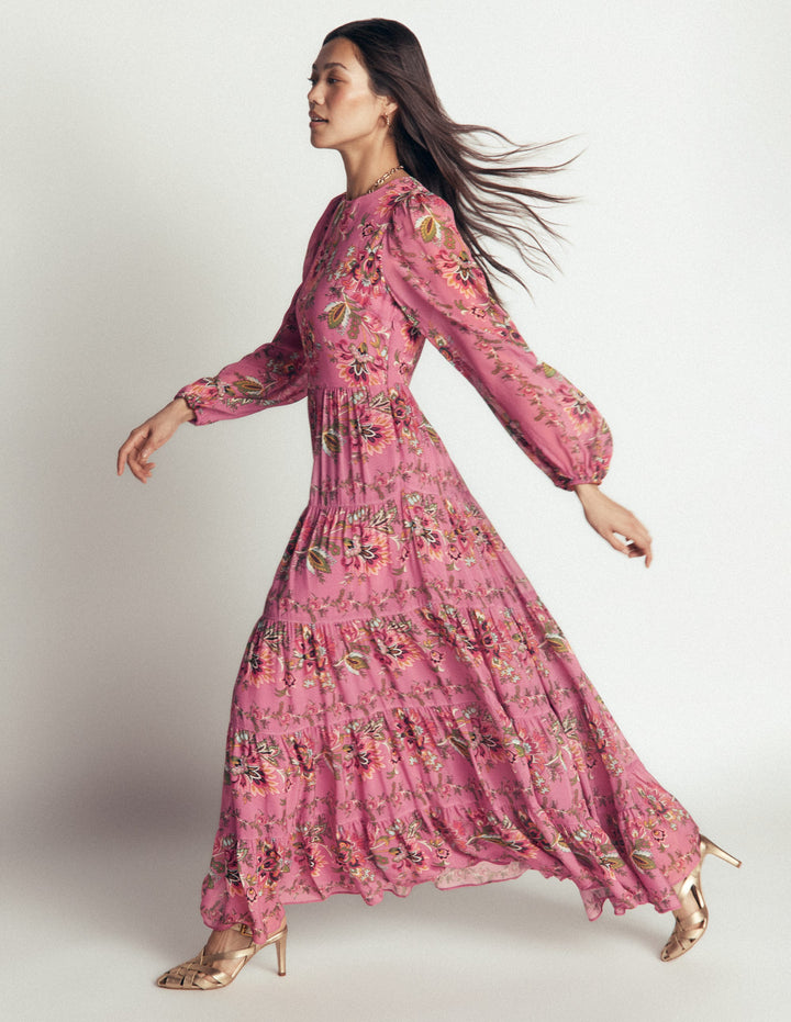 Buntes Maxikleid mit Stufen-Rosa Heidekraut, Gefrorenes Blumenmuster