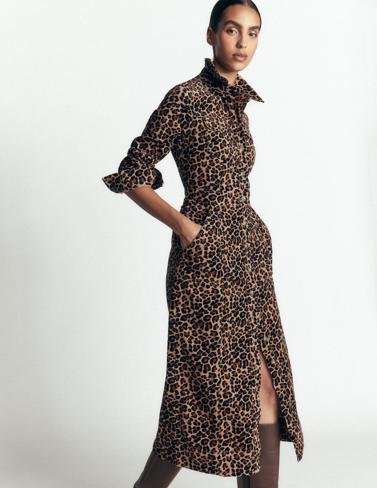 Fleur Cord-Midikleid-Braun, Leopardenmuster-4
