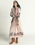Robe midi smockée en velours côtelé-Pêche amande, broderie