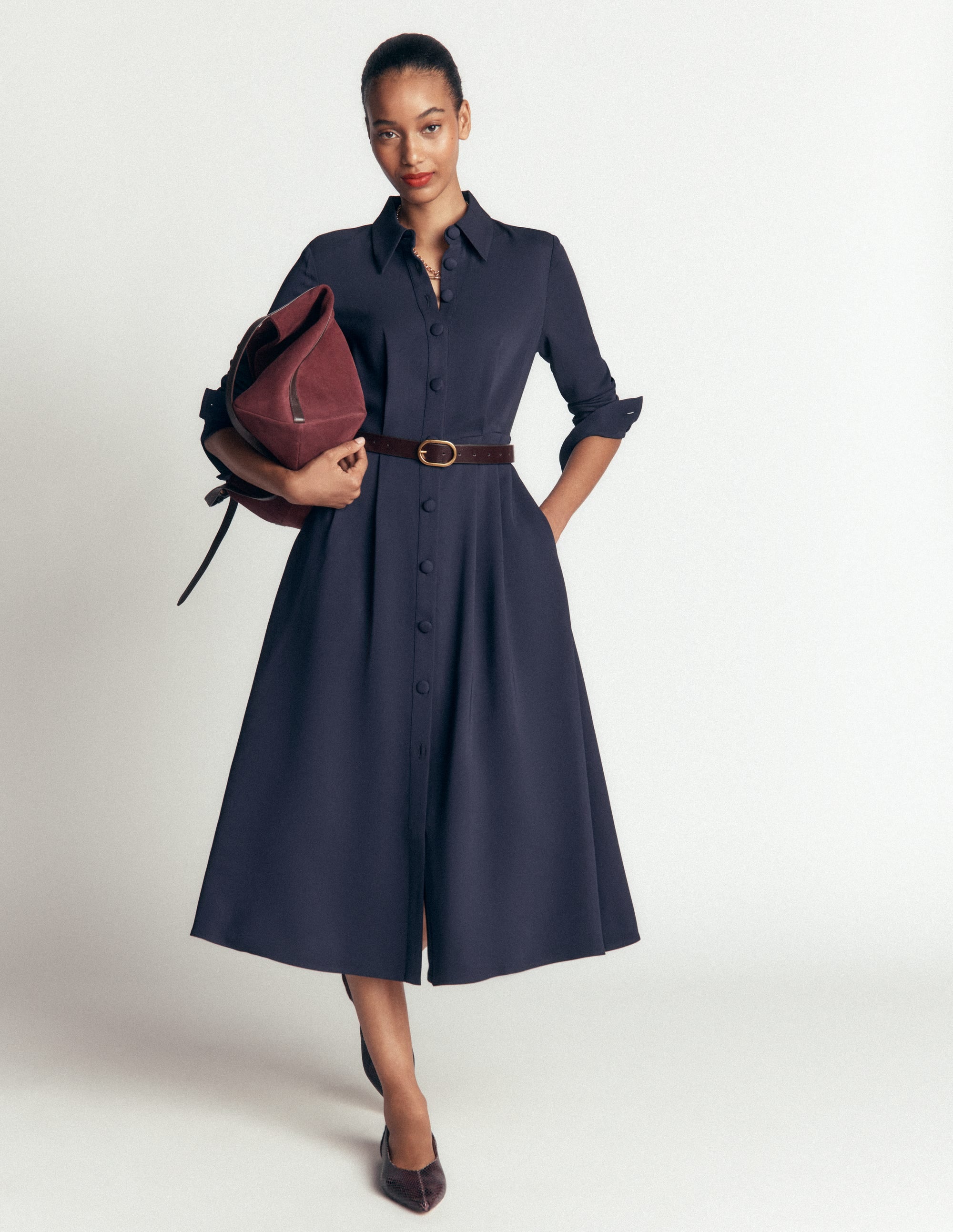 Kate Pleated Shirt Dress-Navy - Image 1