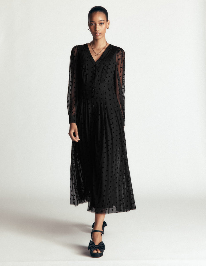 Robe midi plissée en tulle-Noir