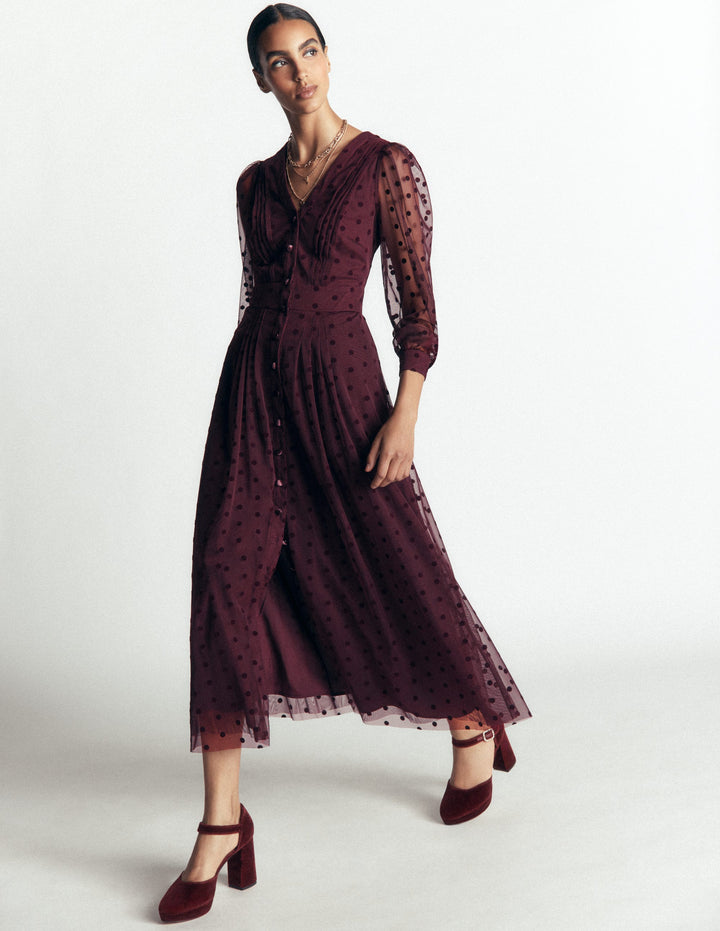 Midikleid aus Tüll mit Faltendetail-Dunkle Kirsche