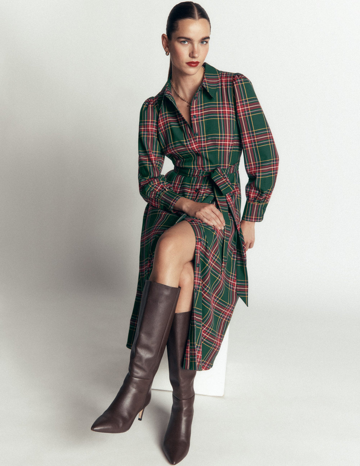 Maeve Check Midi Shirt Dress-Green, Navy and Red Check - Image 1