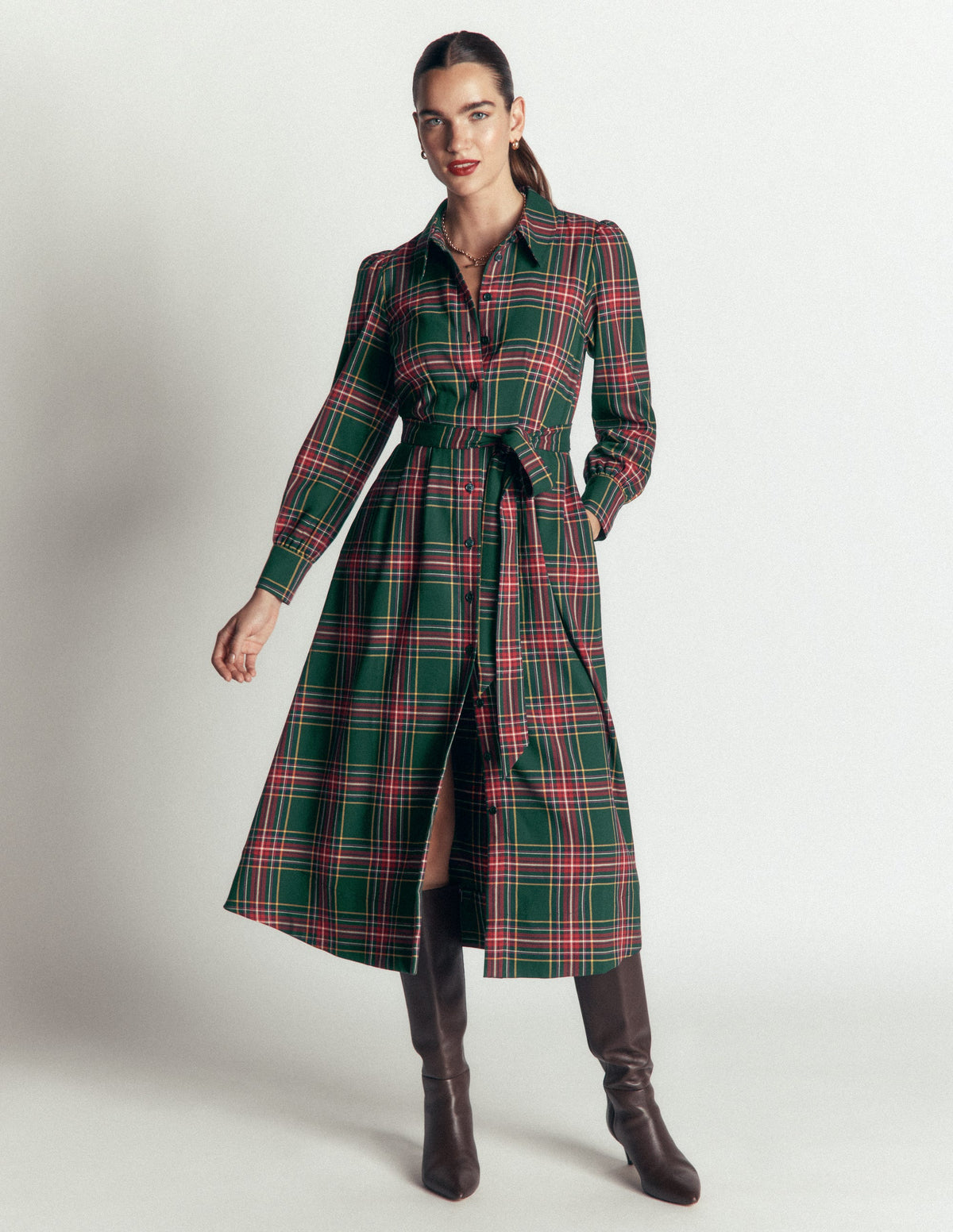 Maeve Check Midi Shirt Dress-Green, Navy and Red Check - Image 4