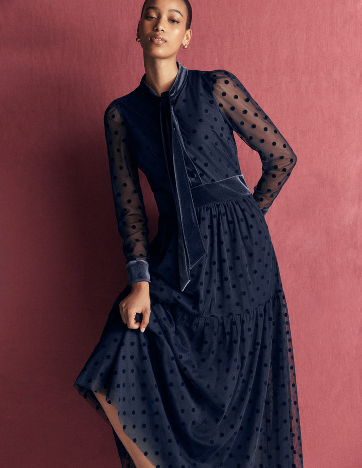 Gestuftes Tüllkleid mit Bindeverschluss am Hals-Marineblau