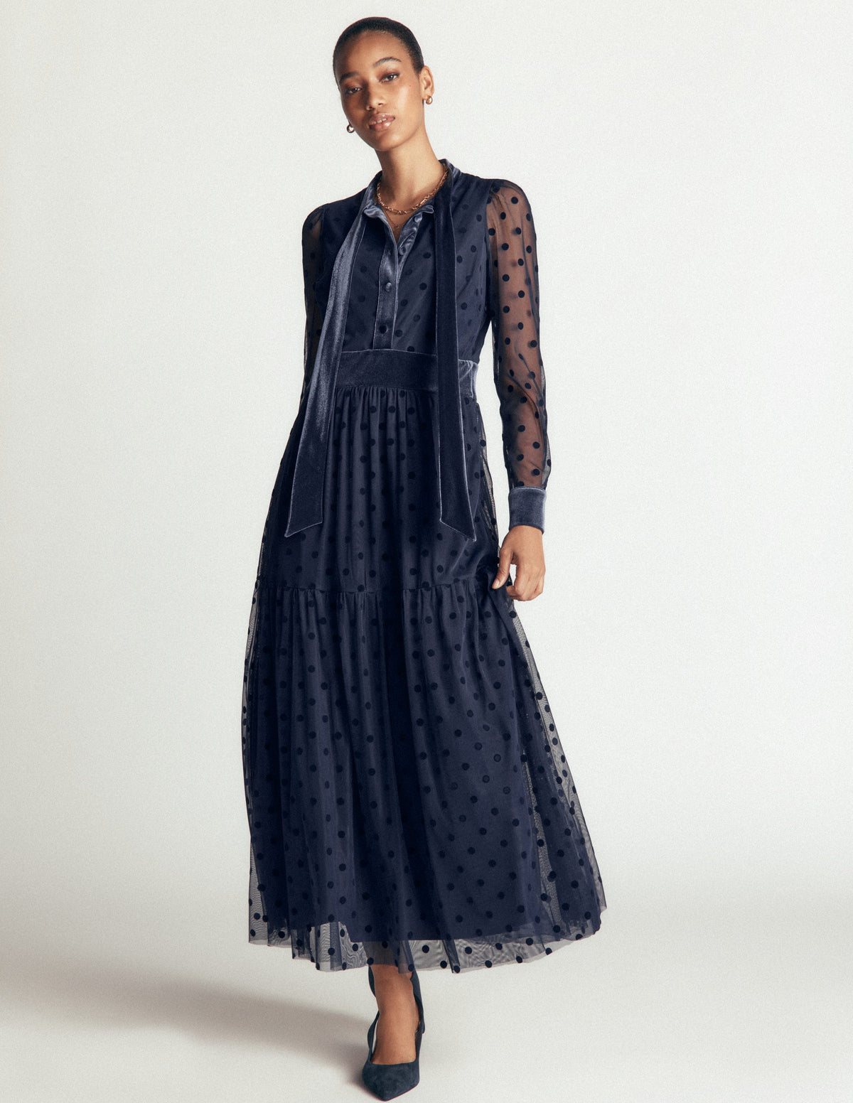 Robe volantée en tulle avec liens à l'encolure-Bleu marine - Image 5