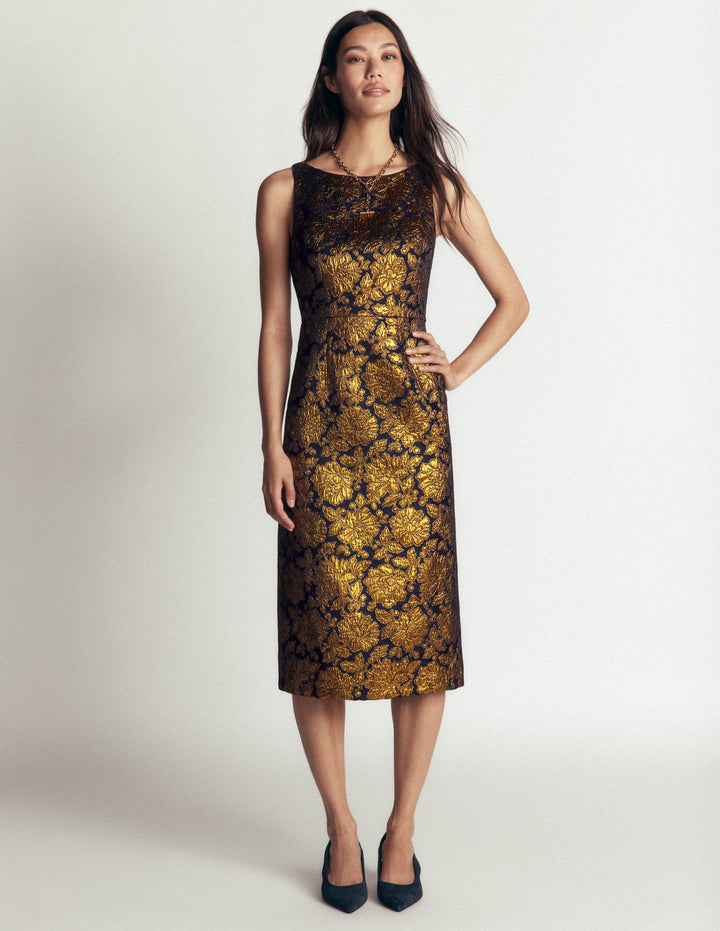 Jacquardkleid mit U-Boot-Ausschnitt-Gold Blumenmuster Jacquard