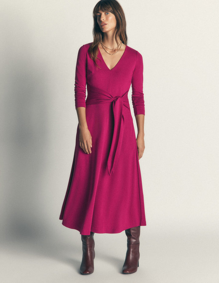 Ponte-Kleid mit Bindegürtel-Rote Beete