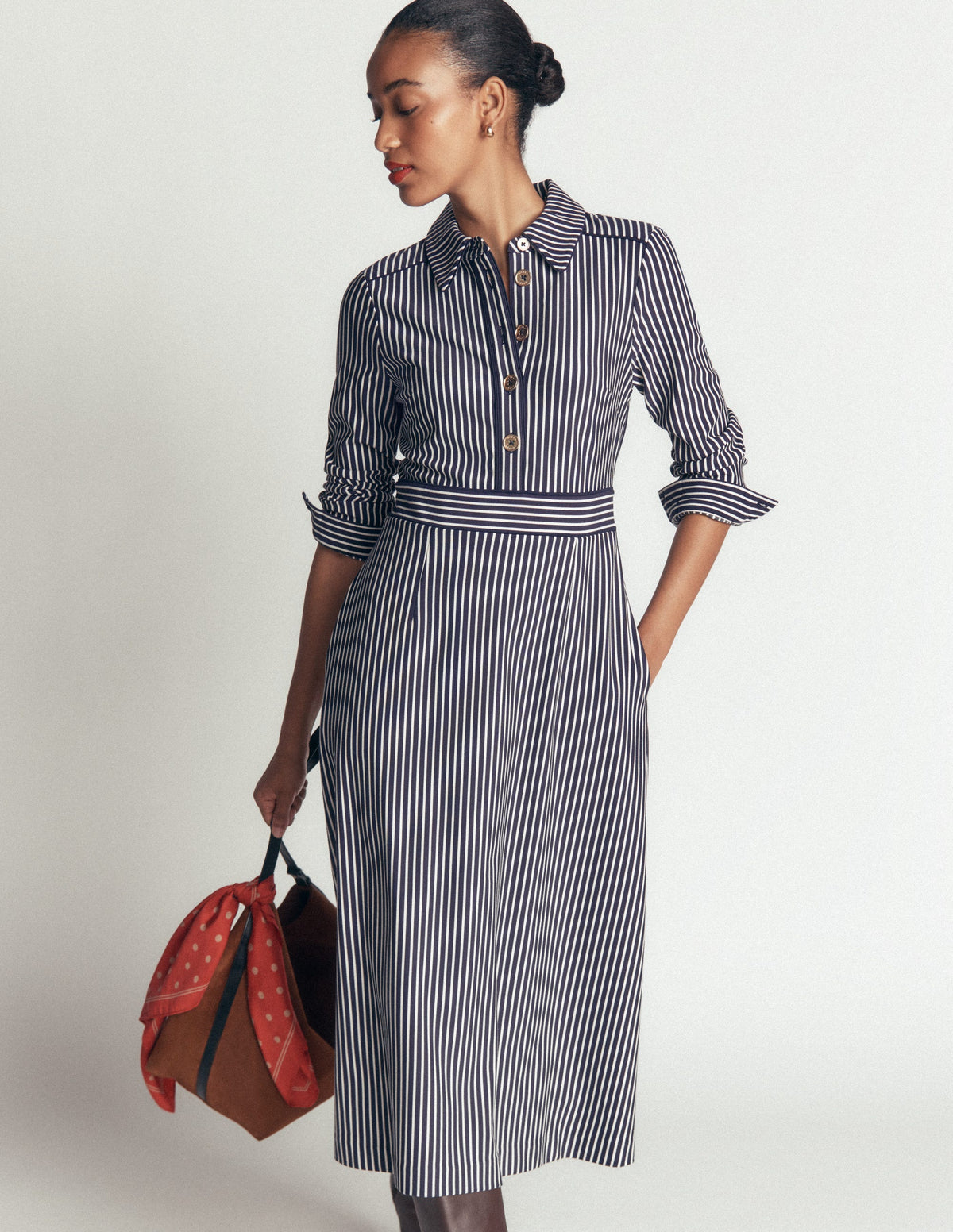 Etta Ponte-Kleid mit Paspelierung-Marineblau, Naturweiß Gestreift - Image 4